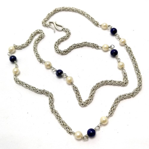 654 - Unmarked silver hand made natural (?) pearl & lapis bead 68cm necklace - 25g total weight - SOLD ON ... 