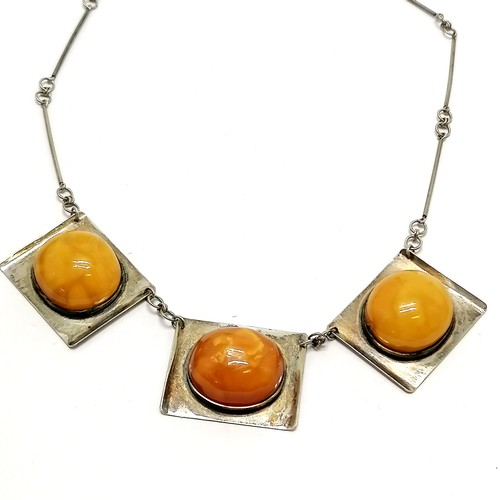 708 - 875 silver & (3 large cabochon) amber panel necklace - 45cm & 35g total weight