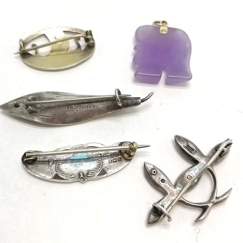 713 - 4 x silver brooches (3 enamel inc Norne viking ship) t/w hand carved lavender jade elephant pendant ... 