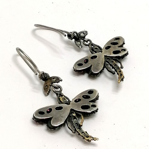 729 - Pair of silver marked dragonfly earrings set with stones - total drop 4.5cm & 8.8g total weight - SO... 