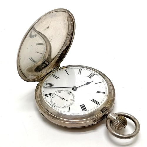 760 - Antique silver full hunter pocket watch (48mm case) by Hall & Co (Manchester) in Parsons retail box ... 