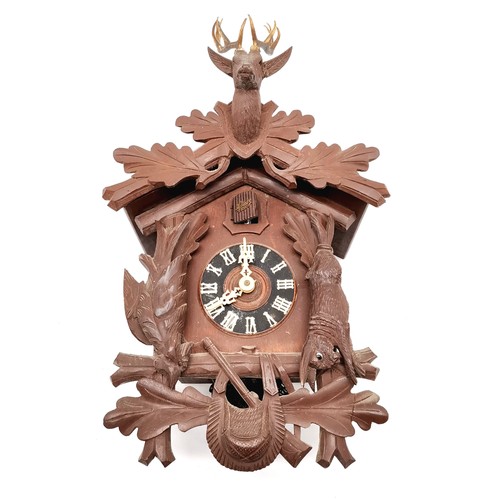 767 - Bavarian hand carved wooden cuckoo clock by Schatz with 8 day movement - hanging game panel detail a... 