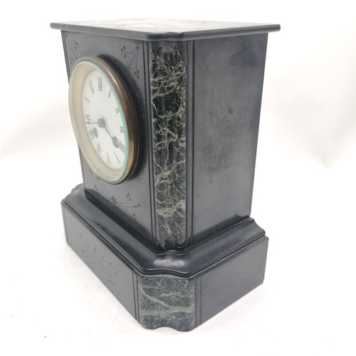 769 - Antique slate and marble mantle clock with bell strike movement 24cm high x 22cm x 13cm with key and... 