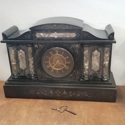 770 - Antique slate and marble mantle clock with gong strike 1h and 1/2h 32cm high x 47cm wide x 15cm deep... 