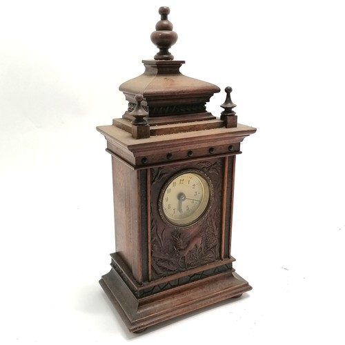 772 - Black forest hand carved wooden clock with front panel decorated with deer & birds - 29cm high x 14c... 