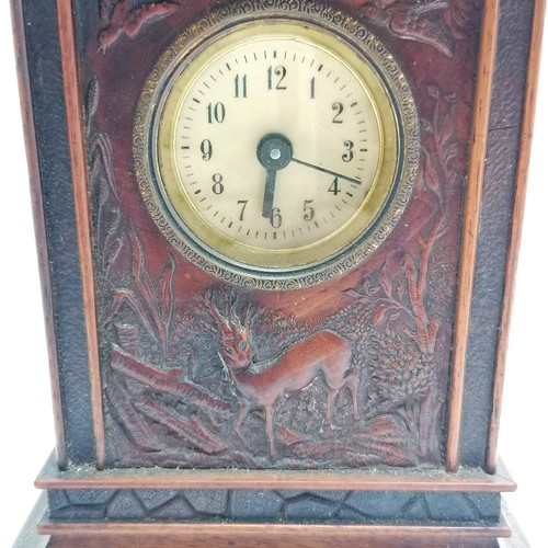 772 - Black forest hand carved wooden clock with front panel decorated with deer & birds - 29cm high x 14c... 