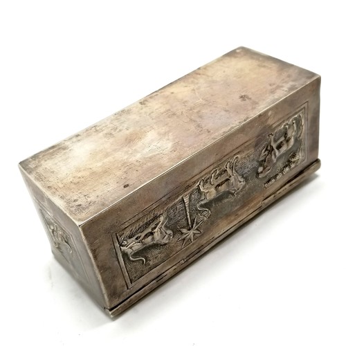 785 - Unmarked Asian silver hinge lidded box with embossed animal detail - 13cm x 5.4cm x 5.5cm high & 251... 