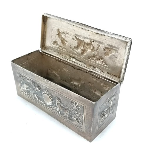 785 - Unmarked Asian silver hinge lidded box with embossed animal detail - 13cm x 5.4cm x 5.5cm high & 251... 