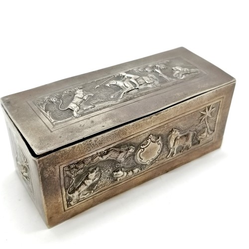 785 - Unmarked Asian silver hinge lidded box with embossed animal detail - 13cm x 5.4cm x 5.5cm high & 251... 