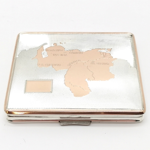 813 - 835 silver marked compact with gold South American map detail to lid in original retail box - 7cm x ... 