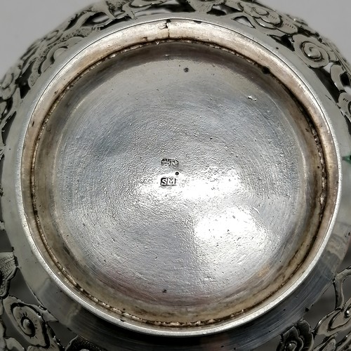 15 - Chinese antique silver bowl with pierced decoration depicting 2 dragons & flaming pearl cartouche by... 