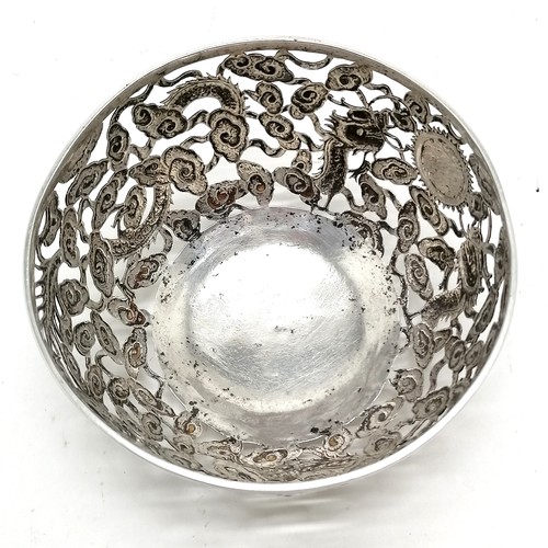 15 - Chinese antique silver bowl with pierced decoration depicting 2 dragons & flaming pearl cartouche by... 