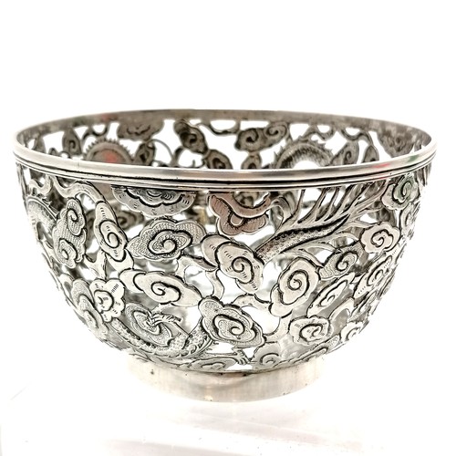 15 - Chinese antique silver bowl with pierced decoration depicting 2 dragons & flaming pearl cartouche by... 