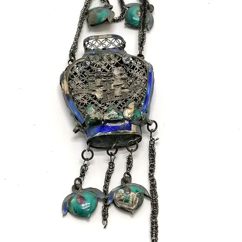 21 - Antique Chinese unmarked silver & enamel hanging decoration - 18cm drop ~ 20g total weight & has som... 