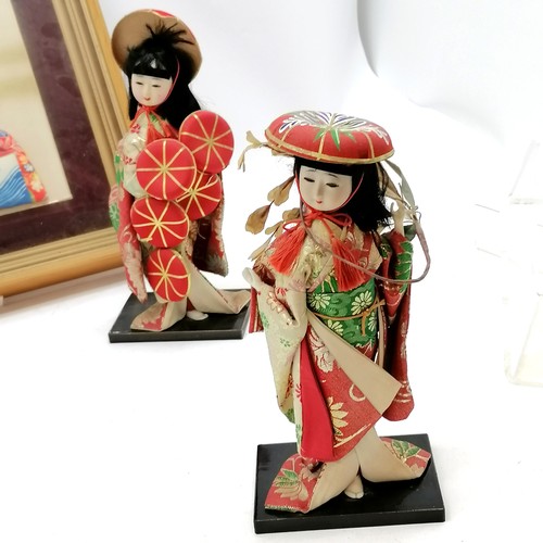 30 - Oriental Japanese box frame display of a traditional costumed lady (40cm x 43cm) t/w 3 fabric dolls ... 