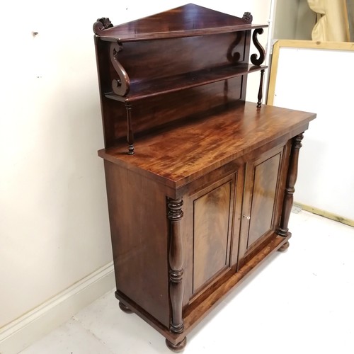 37 - Antique mahogany chiffonier, 2 tier shelf above 2 door cupboard, flanked by turned column supports, ... 