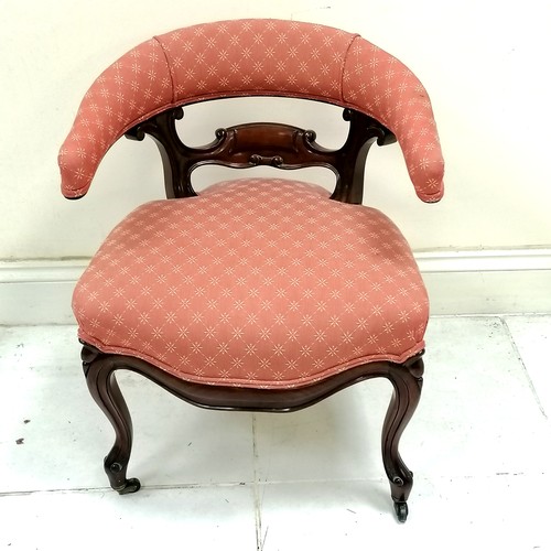 38 - Victorian mahogany framed bow back side chair, with carved detail backrest, upholstered in a pink pa... 