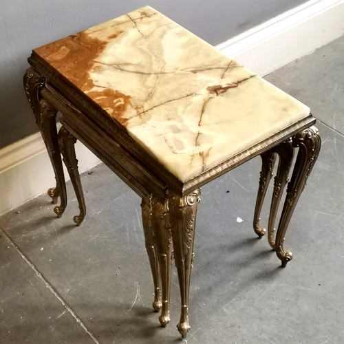 65 - Nest of 3 retro onyx inset brass tables, largest 52cm wide x 32cm deep x 45cm high, largest has onyx... 