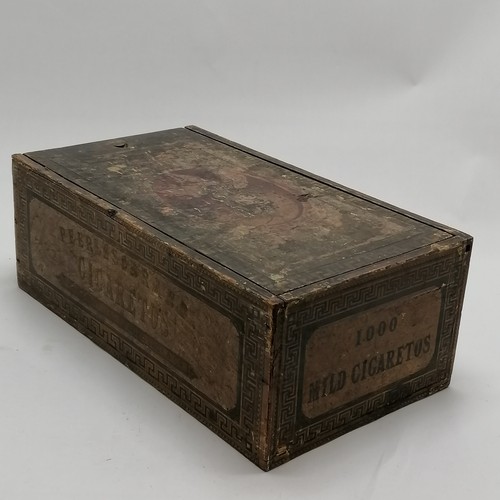 78 - Antique Cope Bros 1000 cigarettes wooden advertising box with sliding lid & greek key detail - 42cm ... 