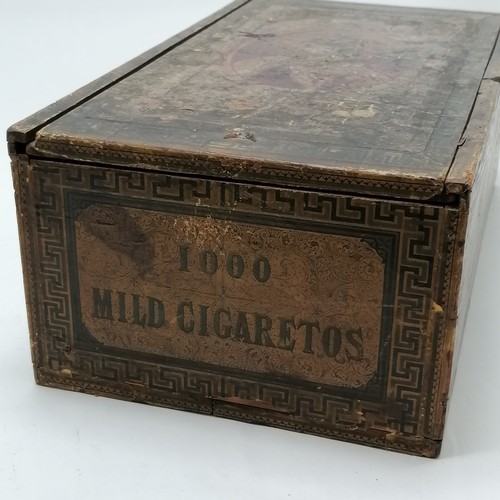 78 - Antique Cope Bros 1000 cigarettes wooden advertising box with sliding lid & greek key detail - 42cm ... 