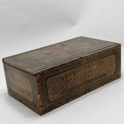 78 - Antique Cope Bros 1000 cigarettes wooden advertising box with sliding lid & greek key detail - 42cm ... 