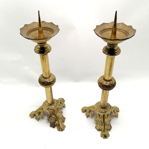 82 - Pair gilt brass pricket candlesticks 47cm high - in good used condition