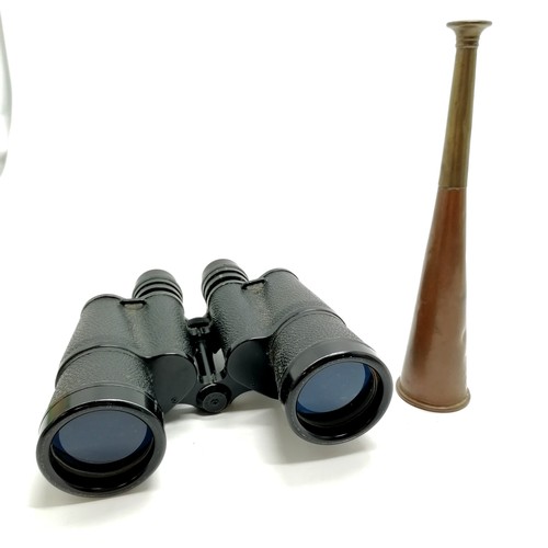 91 - Antique brass / copper hunting horn (23.5cm) t/w Skybolt 7x50 binoculars