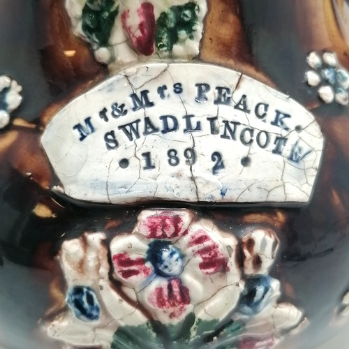 104 - Antique bargeware treacle glaze teapot bearing plaque Mr & Mrs Peack (Peacock) Swadlincote 1892 with... 