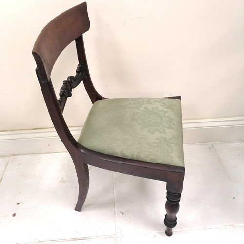 163 - Set of William IV mahogany bow back dining chairs with drop in seats upholstered in a green brocade ... 