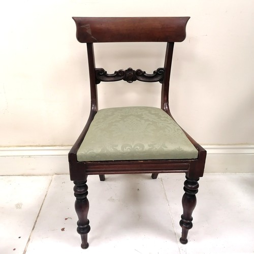 163 - Set of William IV mahogany bow back dining chairs with drop in seats upholstered in a green brocade ... 