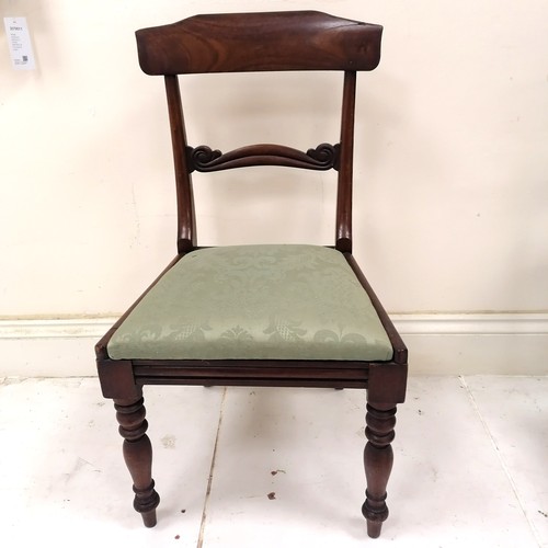 163 - Set of William IV mahogany bow back dining chairs with drop in seats upholstered in a green brocade ... 