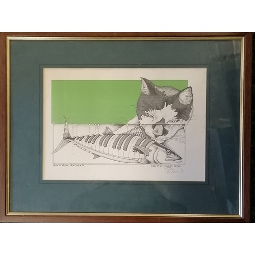 171 - Simon Drew, Dartmouth hand signed print 'Cat With Piano Tuna' framed 50cm x 39cm