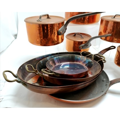 184 - Mauviel villedieu 6 piece copper / iron cooking set inc large frying pan (31cm diameter) & 5 lidded ... 