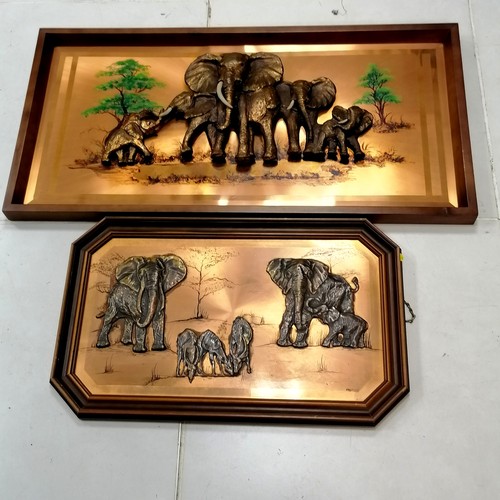 193 - Framed copper plaque mounted with an elephant family, with some hand painted scenery, missing some t... 