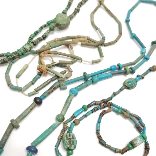 237 - 4 x Egyptian antique necklaces with faience & turquoise beads (longest with scarab beetle detail 80c... 