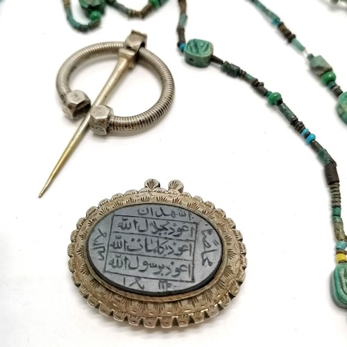 237 - 4 x Egyptian antique necklaces with faience & turquoise beads (longest with scarab beetle detail 80c... 