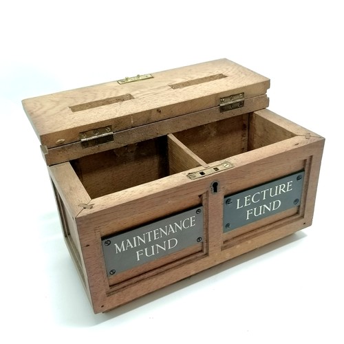 251 - Oak antique maintenance fund / lecture fund donation box with bronze plaques with enamel detail - 31... 