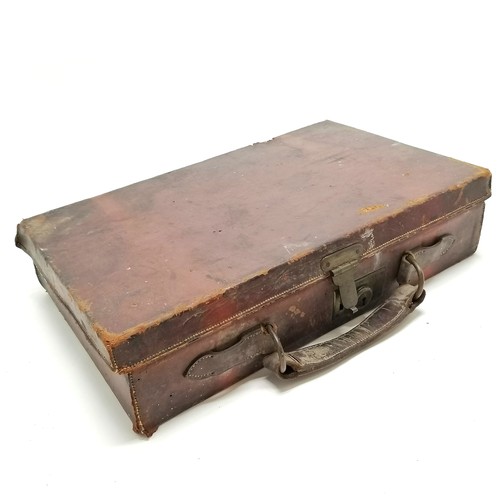 253 - Antique leather covered cartridge case with Belgian label to interior - 41cm x 35cm x 10cm high t/w ... 