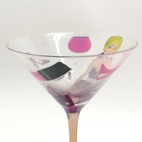 260 - Pair of novelty cocktail glasses with hand decorated 1960's fashion - 19cm high x 12cm diameter