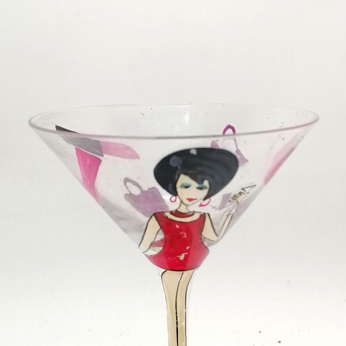 260 - Pair of novelty cocktail glasses with hand decorated 1960's fashion - 19cm high x 12cm diameter