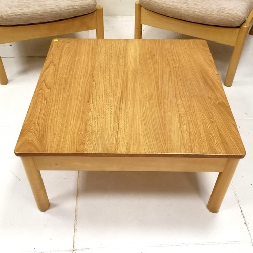 262 - Pair of Blonde Elm Ercol easy chairs, with original oatmeal coloured upholstered cushions. in good u... 