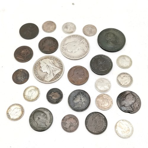 271 - Qty of British coins from George II to QV inc some Victorian 3d coins (in a Rinstead Pastilles tin)