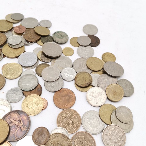 273 - Qty of British & world coins / medallions / tokens in a wooden box decorated with flowers