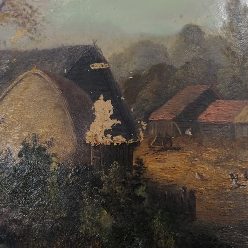 288 - Oil on canvas of cottages in the woods unsigned, framed 88cm x 62cm - has damage