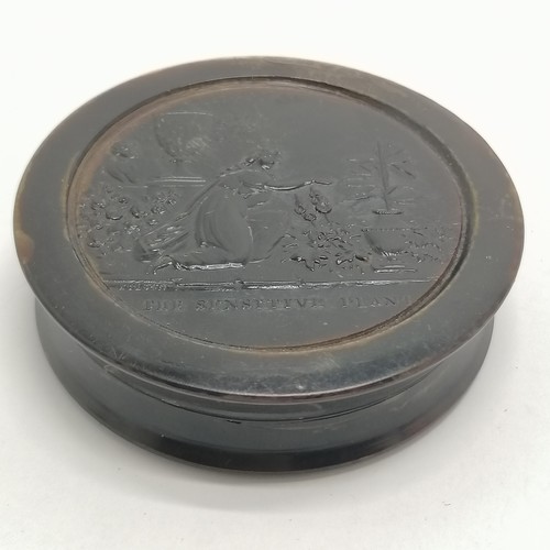 305 - Antique pressed horn / tortoiseshell ? table snuff box by Wilson with classical scene to lid 'The Se... 