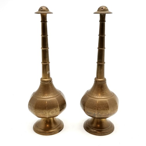 316 - Pair of Antique (?) Eastern brass rosewater sprinklers - 22cm high, t/w framed antique Indian waterc... 