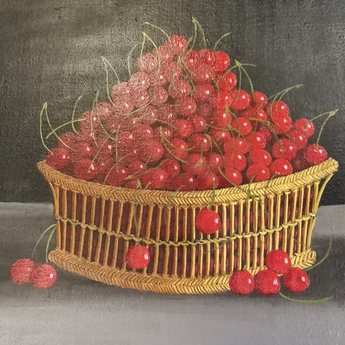 318 - Wenzy- Loder 05 French Oil on canvas still life study of a basket of cherries, vase of tulips & a pl... 