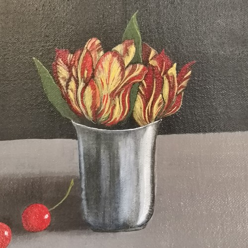 318 - Wenzy- Loder 05 French Oil on canvas still life study of a basket of cherries, vase of tulips & a pl... 