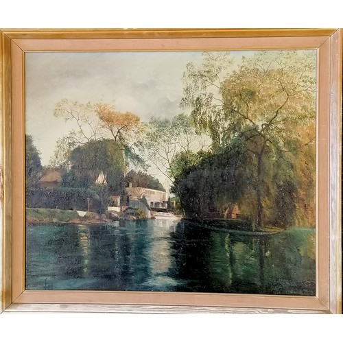 334 - 1971 original signed oil painting on canvas of a river with riverside house- Runnymede? - 58.5cm x 6... 