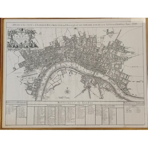 340 - Framed London, Westminster & Southwark map (reproduction of 1720 map) - frame 57cm x 73cm